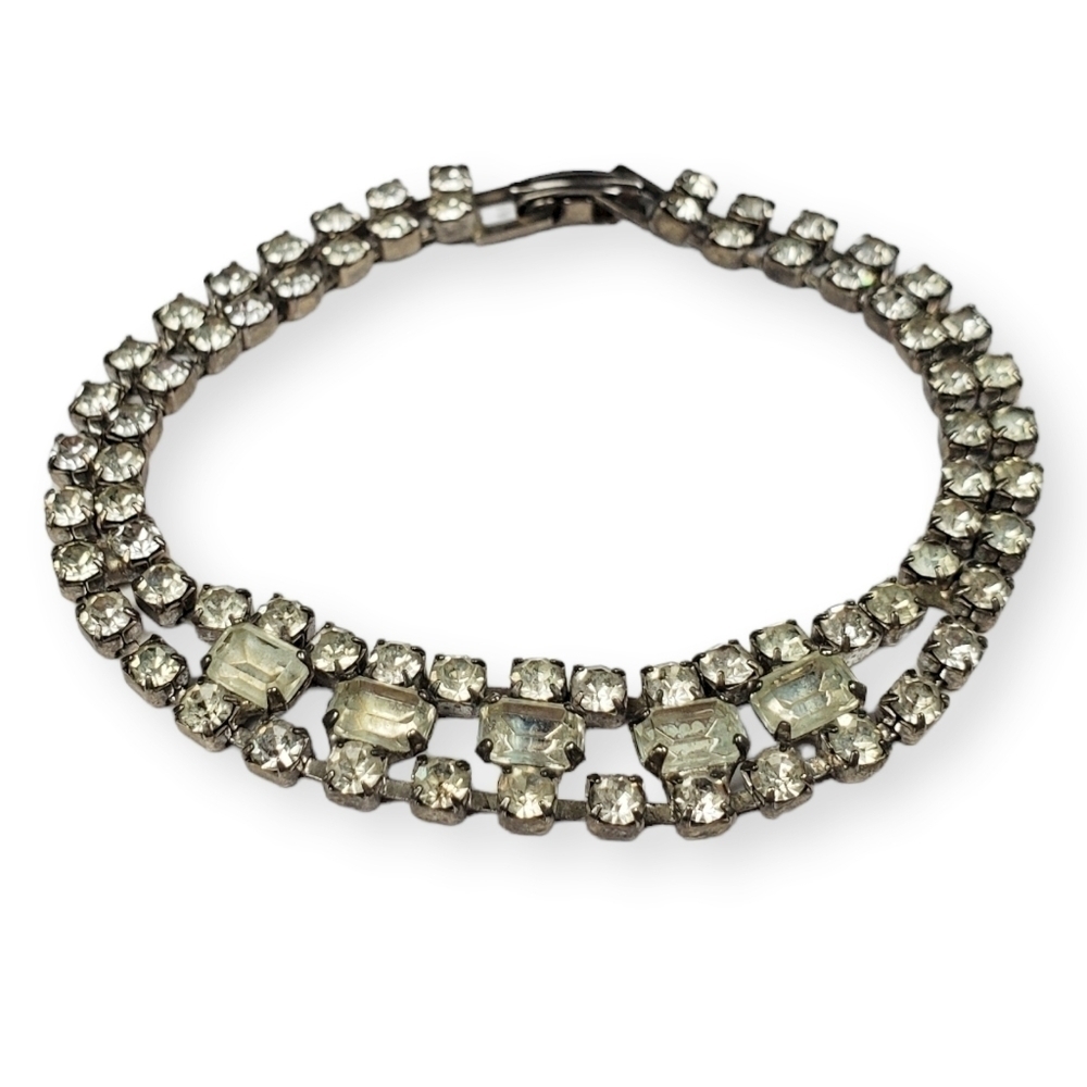 Vintage Rhinestone Tennis Bracelet Baguette Round Silver Tone Double Chain 7.25"